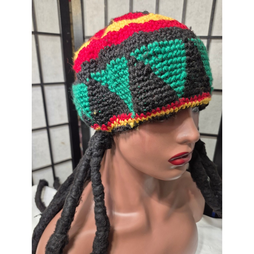 Rasta Crochet Beanie Hat with Attached Dreadlocks Red Yellow Green Black Cap